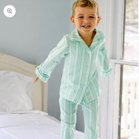 Christmas in JULY - Button Down Pajamas - Green Stripe 2 piece button up
